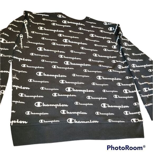 Champion Black White Men's Powerblend AOP Crewneck Logo Sweatshirt XL - Picture 9 of 13